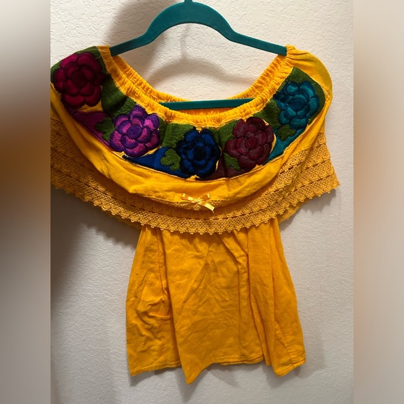 Mexican Floral Embroidery Off The shoulder Yellow Top Shirt Blouse Wedding S/M - Picture 1 of 2